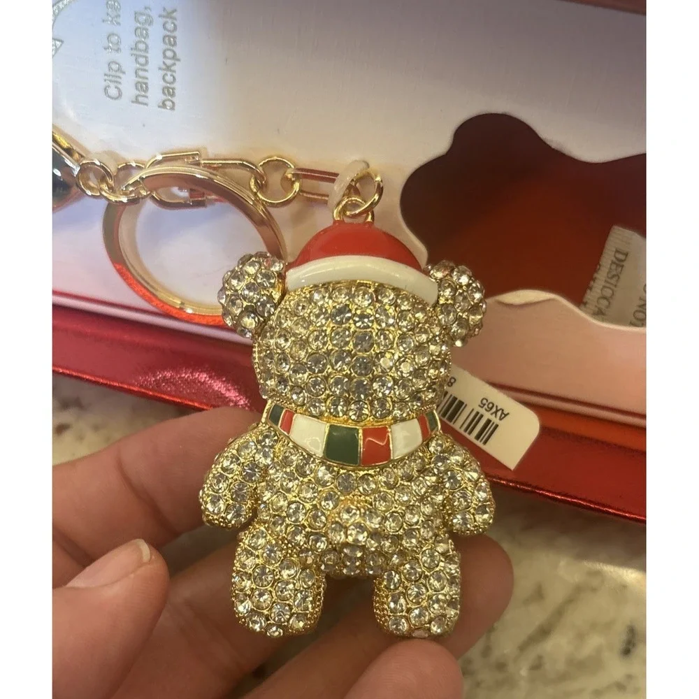 Piper K Bag Charm Keychain Teddy Bear Rhinestone Gold Tone Santa Hat Christmas